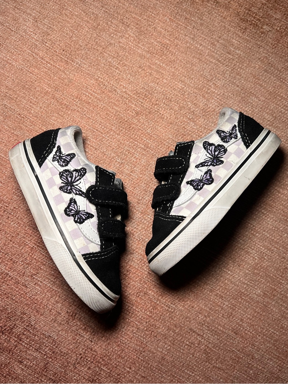 Vans Little Kids Size 7 Butterfly Checkerboard Sneakers Black Lavender Shoes